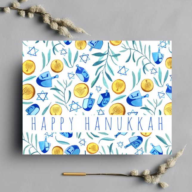 Happy Hanukkah Driedel Gelt Watercolor CUSTOM Postkarte (Custom watercolor pattern Happy Hanukkah postcard)