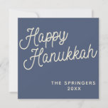 Happy Hanukkah | Einfache Retro-Typografie in Blau Feiertagskarte<br><div class="desc">Einfache Happy Hanukkah Gruß geschrieben in einem lustigen Retro-Schrift Stil auf einem dunkelblauen Hintergrund,  personalisiert mit Ihrem Namen.</div>