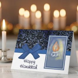 Happy Hanukkah Elegant Blue Scroll Pattern Candle Feiertagskarte