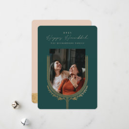 Happy Hanukkah Elegante Golden Menorah Foto Arch Feiertagskarte