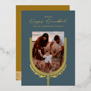Happy Hanukkah Elegante Golden Menorah Foto Arch Folien Feiertagskarte