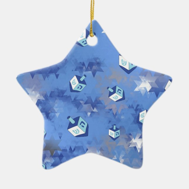 Happy Hanukkah Falling Star und Dreidels Keramikornament (Vorne)
