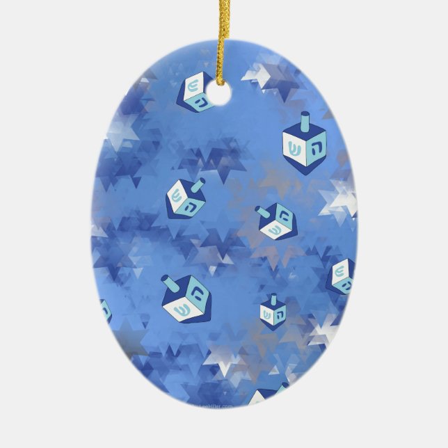 Happy Hanukkah Falling Star und Dreidels Keramikornament (Vorne)