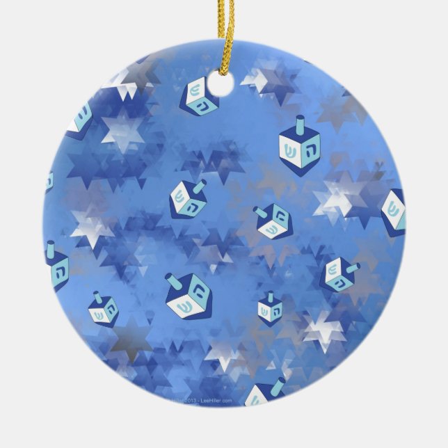 Happy Hanukkah Falling Stars und Dreidels Keramik Ornament (Vorne)