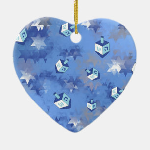 Happy Hanukkah Falling Stars und Dreidels Keramikornament
