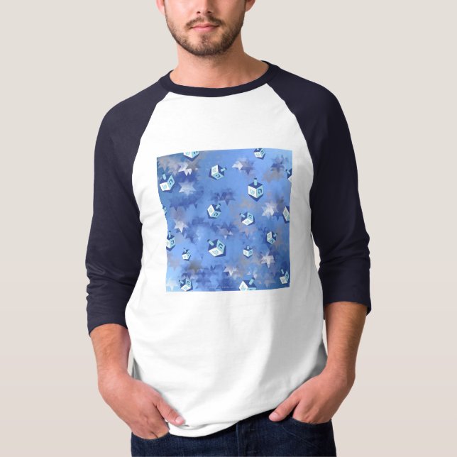 Happy Hanukkah Falling Stars und Dreidels T-Shirt (Vorderseite)