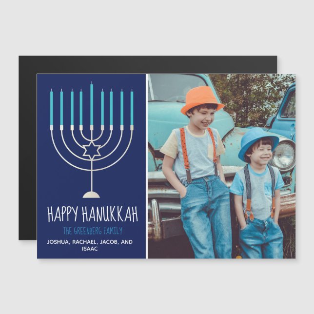 Happy Hanukkah Familie Foto Blue Magnetic Card Magnetkarte (Vorne/Hinten)