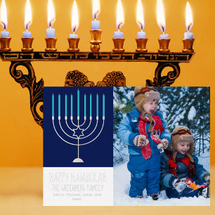 Happy Hanukkah Familie Foto Blue Menorah Silver Folien Feiertagskarte