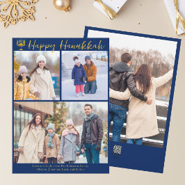 Happy Hanukkah Family 3 Photo Collage Modern Blue Feiertagskarte