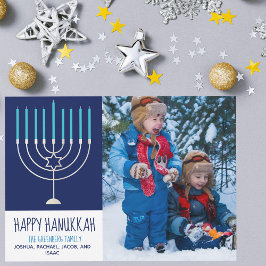 Happy Hanukkah Family Foto Blue Menorah Card