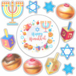 Happy Hanukkah Festival Party Feiertage Symbole Aufkleber<br><div class="desc">Chanukkah Etiketten Aufkleber Set. Happy Hanukkah Party Jüdischer Urlaub Menorah, Donuts, Dreidel. Jüdisches Holiday Chanukkah Dekoration mit traditionellem Chanuka Dekorationssymbol - farbenfroher Cartoon Hanukkiah menorah, Kerzenhalter mit Kerzen, Donuts, Holzdreidel (Spinning Top Spielzeug) Stern von David und leuchtende Lichter Illustration. Hanukkah Festival der Lichter Event Dekoration. Jerusalem, Israel. Geschenkartikel & Party...</div>