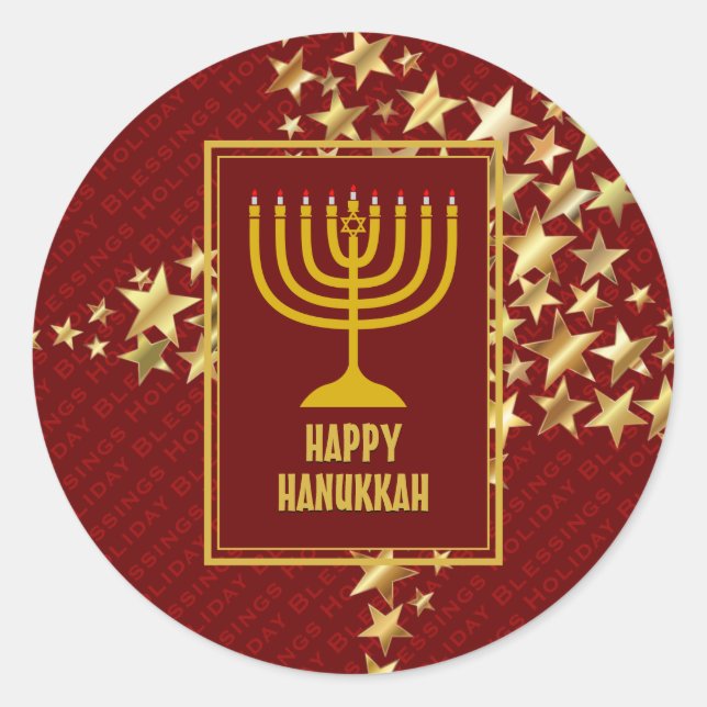 HAPPY HANUKKAH Festive Stars RED Runder Aufkleber (Vorderseite)