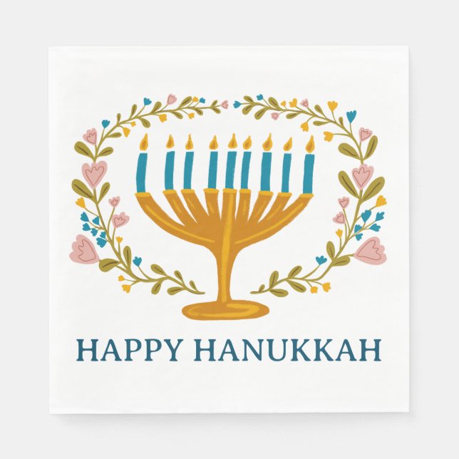 HAPPY HANUKKAH Floral MENORAH Jüdischer Urlaub Serviette (Vorderseite)