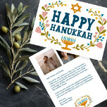 HAPPY HANUKKAH Floral Wreath Menorah Custom Fotos Feiertagskarte<br><div class="desc">Handgezeichneter Text und Florale von mir für Sie. Klicken Sie auf "Personalisieren", um Ihren eigenen Text und Ihre eigenen Fotos auf der Rückseite der Postkarte zu bearbeiten oder die Hintergrundfarben zu ändern. Alles ist anpassbar. Für weitere Designs und Farben Karo mein Shop! Oder lass mir Bescheid, wenn du etwas Angewohntes...</div>