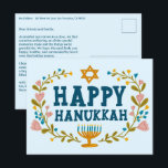 HAPPY HANUKKAH Floral Wreath Menorah Custom Text Postkarte<br><div class="desc">Handgezeichneter Text und Florale von mir für Sie. Klicken Sie auf "Personalisieren", um Ihren eigenen Text und Ihre eigene Rücksendeadresse auf der Rückseite der Postkarte zu bearbeiten oder die Hintergrundfarben zu ändern. Alles ist anpassbar. Für weitere Designs und Farben Karo mein Shop! Oder lass mir Bescheid, wenn du etwas Angewohntes...</div>