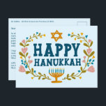 HAPPY HANUKKAH Floral Wreath Menorah Custom Text Postkarte<br><div class="desc">Handgezeichneter Text und Florale von mir für Sie. Klicken Sie auf "Personalisieren", um Ihren eigenen Text und Ihre eigene Rücksendeadresse auf der Rückseite der Postkarte zu bearbeiten oder die Hintergrundfarben zu ändern. Alles ist anpassbar. Für weitere Designs und Farben Karo mein Shop! Oder lass mir Bescheid, wenn du etwas Angewohntes...</div>