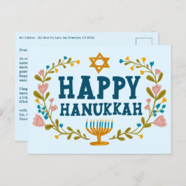 HAPPY HANUKKAH Floral Wreath Menorah Custom Text Postkarte