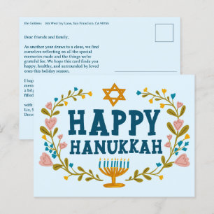 HAPPY HANUKKAH Floral Wreath Menorah Custom Text Postkarte