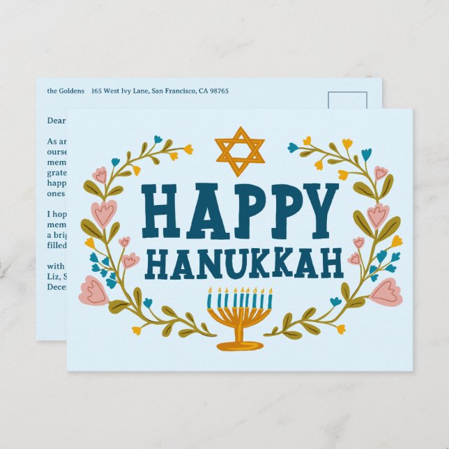 HAPPY HANUKKAH Floral Wreath Menorah Custom Text Postkarte (Vorne/Hinten)