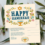 HAPPY HANUKKAH Floral Wreath Menorah Custom Text Postkarte<br><div class="desc">Handgezeichneter Text und Florale von mir für Sie. Klicken Sie auf "Personalisieren", um Ihren eigenen Text und Ihre eigene Rücksendeadresse auf der Rückseite der Postkarte zu bearbeiten oder die Hintergrundfarben zu ändern. Alles ist anpassbar. Für weitere Designs und Farben Karo mein Shop! Oder lass mir Bescheid, wenn du etwas Angewohntes...</div>
