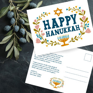 HAPPY HANUKKAH Floral Wreath Menorah Custom Text Postkarte