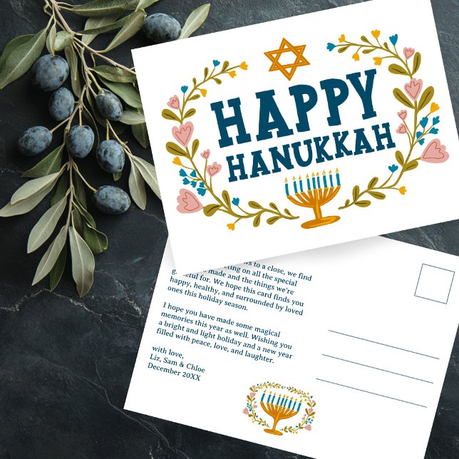 HAPPY HANUKKAH Floral Wreath Menorah Custom Text Postkarte (HAPPY HANUKKAH Floral Wreath Menorah Custom text Non-photo  Postcard
)