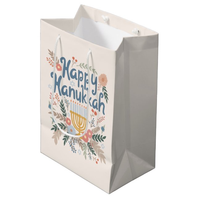 Happy Hanukkah Florals Hand gezeichnet jüdischer F Mittlere Geschenktüte (Vorderseite Schrägansicht)
