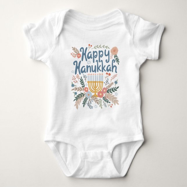 Happy Hanukkah FLorals Handgezeichnet Kunst Baby Strampler (Vorderseite)
