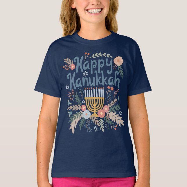 Happy Hanukkah FLorals Handgezeichnet Kunst T-Shirt (Vorderseite)