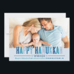 Happy Hanukkah Foto Card | Blauschattierungen Feiertagskarte<br><div class="desc">Die moderne Grußkarte "Happy Hanukkah" mit monochromen Blautönen,  individuellem Foto für Sie,  viel Platz zum Anzeigen eines landschaftlichen Fotos und fett waagerechten Streifen,  die die Rückseite der Karte hervorheben.</div>