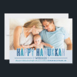 Happy Hanukkah Foto Card | Blauschattierungen Feiertagskarte<br><div class="desc">Die moderne Grußkarte "Happy Hanukkah" mit monochromen Blautönen,  individuellem Foto für Sie,  viel Platz zum Anzeigen eines landschaftlichen Fotos und fett waagerechten Streifen,  die die Rückseite der Karte hervorheben.</div>