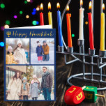 Happy Hanukkah Foto Collage Modern Blue geflogen<br><div class="desc">Moderne,  anpassbare jüdische Foto Collage Hanukkah gefaltete Karte mit einer Sammlung von Winter-Fotos. Fügen Sie 3 Ihrer bevorzugten Chanukah-Erinnerungen auf diesem modernen drei Fotolayout unter einer Menorah und Gold kursiven Drehbuch. Passen Sie sich mit einem anderen Bild und Ihrer Nachricht im Inneren an.</div>