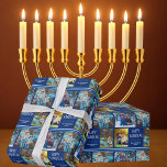 Happy Hanukkah Foto Collage Personalisiert Blue Geschenkpapier<br><div class="desc">Dieses niedliche,  moderne Happy Hanukkah Packpapier zeichnet sich durch ein elegantes Layout von 4 Fotos der Familie auf blauem Hintergrund mit hübscher weißer Typografie aus. Dieses wunderschöne Foto Chanukah Geschenkpackung zeigt die Fotocollage Ihres eigenen Kindes,  die Ihre Nachricht und Ihren Familiennamen umgibt.</div>