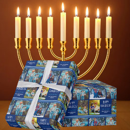 Happy Hanukkah Foto Collage Personalisiert Blue Geschenkpapier