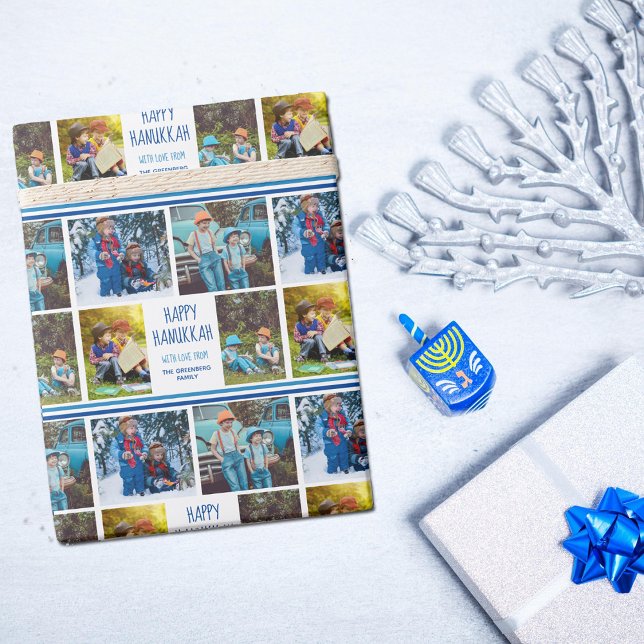 Happy Hanukkah Foto Collage Schönes Blau Custom Geschenkpapier (Von Creator hochgeladen)