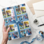 Happy Hanukkah Foto Collage Schönes Blau Custom Geschenkpapier<br><div class="desc">Dieses niedliche,  moderne Happy Hanukkah Packpapier zeichnet sich durch ein elegantes Layout von 4 Fotos aus der Familie auf weißem Hintergrund mit hübscher blauer Typografie aus. Dieses wunderschöne Foto Chanukah Geschenkpackung zeigt die Fotocollage Ihres eigenen Kindes,  die Ihre Nachricht und Ihren Familiennamen umgibt.</div>