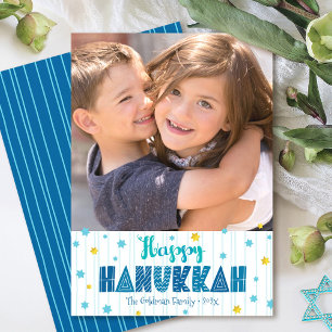 Happy Hanukkah Foto Gold Stars Moderne Typografie Feiertagskarte