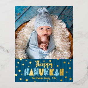 Happy Hanukkah Foto Modern Niedlich Blue Real Gold Folien Feiertagspostkarte