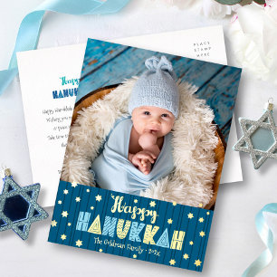 Happy Hanukkah Foto Modern Niedlich Blue Real Gold Folien Feiertagspostkarte