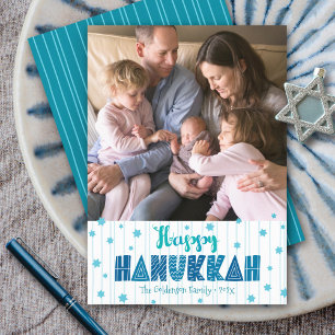 Happy Hanukkah Foto Moderne Aquamarine Fun Typogra Feiertagskarte