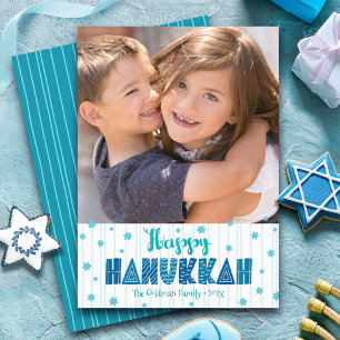 Happy Hanukkah Foto Turquoise Typografie Bold Feiertagskarte