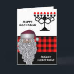 Happy Hanukkah & Frohe Weihnachtskarte Feiertagskarte<br><div class="desc">Die Happy Hanukkah & Merry Weihnachtskarte bietet einen roten Büffel mit kariertem Hintergrund Menorah und ein niedliches Weihnachtsgesicht.Das Innere der Karte hat eine persönliche Meldungsvorlage.Eine perfekte Grußkarte für Hanukkah & Weihnachten. Bitte klicken Sie auf Personalisieren,  um es mit Ihrem eigenen Text anzupassen.</div>