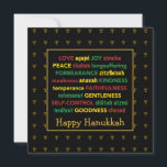 HAPPY HANUKKAH Fruit of the Spirit Menorah BLACK Feiertagskarte<br><div class="desc">Farbenfrohe Hanukkah Grußkarte mit Imitaten goldenen Menorahs im subtilen Hintergrund. OBST DES SPIRITS, einschließlich hebräischer Übersetzungen, sind in rot, gelb und grün geschrieben. HAPPY HANUKKAH ist anpassbar, wenn Sie gewollt, um einen weiteren Gruß hinzuzufügen. Die Nachricht im Inneren kann auch in eine Ihrer Wahl geändert werden, und Sie können Ihren...</div>