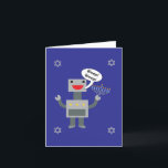 Happy Hanukkah Funny Robot Bleep Blue Personalize Feiertagskarte<br><div class="desc">Ein lustiges Hanukkah-Design mit einem Roboter-Sprichwort "Bleep! Bleib!",  während du eine Menorah hältst und von vier Sternen von David auf blauem Hintergrund umgeben bist. Das Innere sagt: "Bleep! Bleep!" ist Roboter für "Happy Hanukkah!" Der Text kann nach Ihren Wünschen geändert und personalisiert werden.</div>