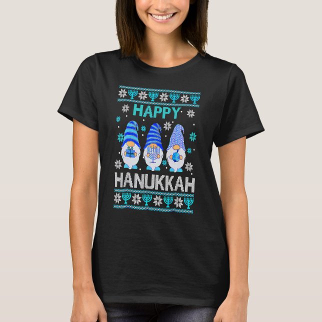 Happy Hanukkah Gnome Gnomies Menorah Pajama Ugly T-Shirt (Vorderseite)