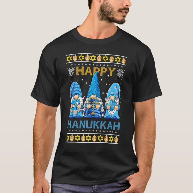 Happy Hanukkah Gnome Gnomies Menorah Pajama Ugly T-Shirt (Vorderseite)