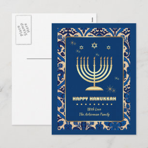 Happy Hanukkah. Gold Menorah Feiertagspostkarte