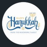 "Happy Hanukkah" Gold Menorah Runder Aufkleber<br><div class="desc">"Happy Hanukkah" Gold Menorah Design.</div>