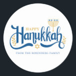 "Happy Hanukkah" Gold Menorah Runder Aufkleber<br><div class="desc">"Happy Hanukkah" Gold Menorah Design.</div>