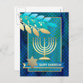 Happy Hanukkah. Gold Menorah & Star von David Feiertagspostkarte